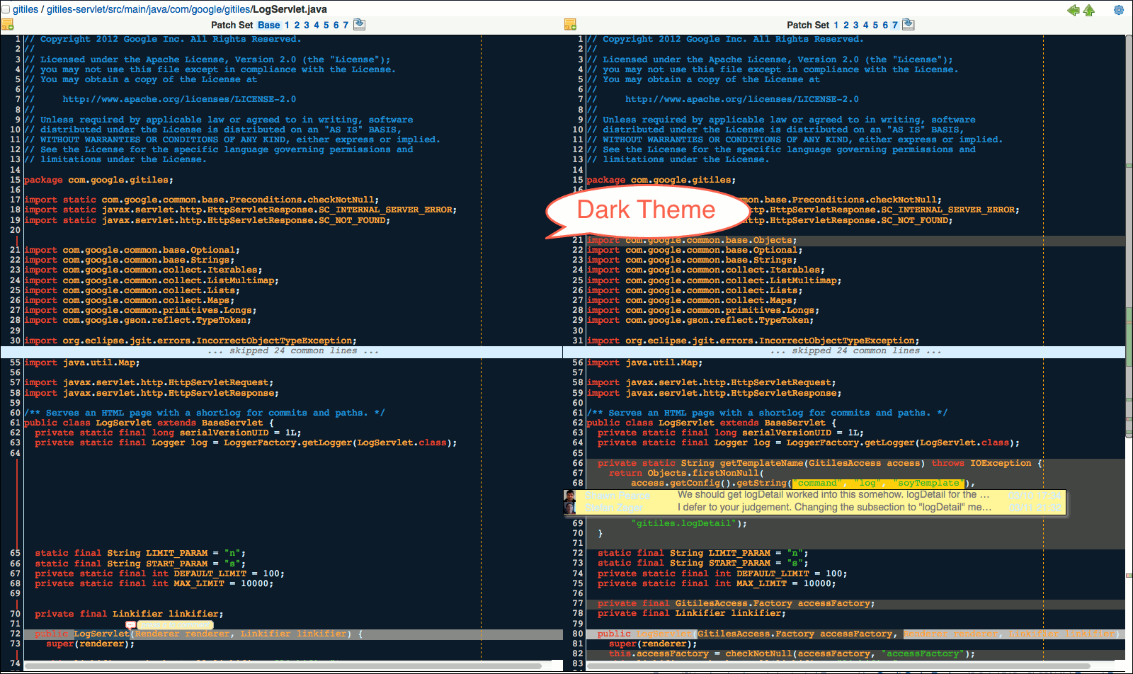 /opendev/gerrit/raw/commit/bd19d9a38072c51d3c5367b151370e8890403e01/Documentation/images/user-review-ui-side-by-side-diff-screen-dark-theme.png