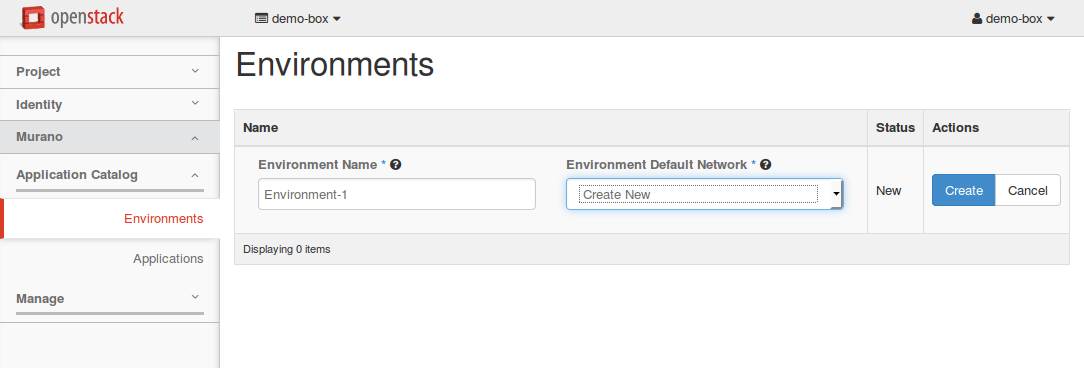 Create an environment: Environment Default Network