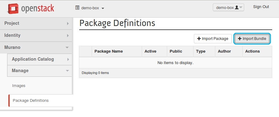 Package Definitions page: Import Bundle