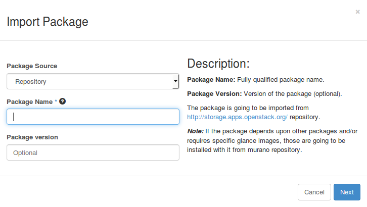 Import Package dialog: Repository