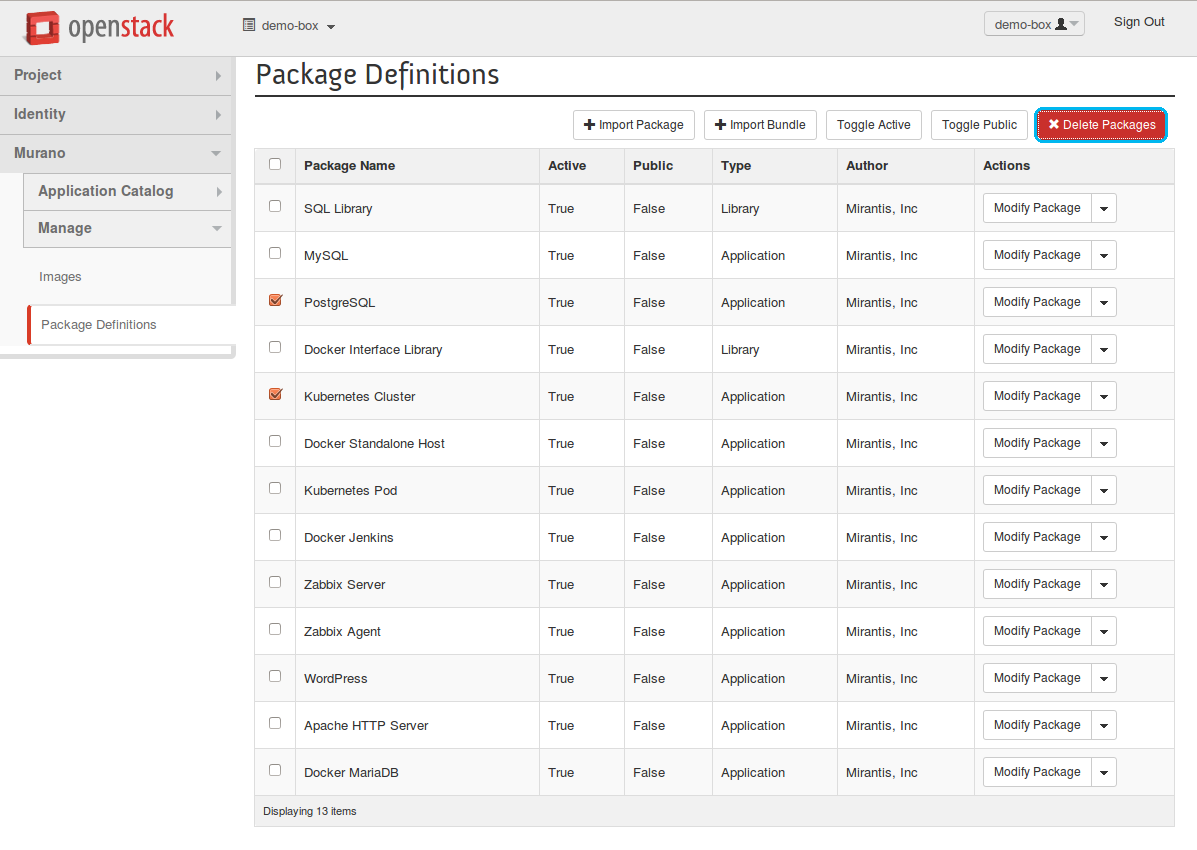 Package Definitions page: Select packages