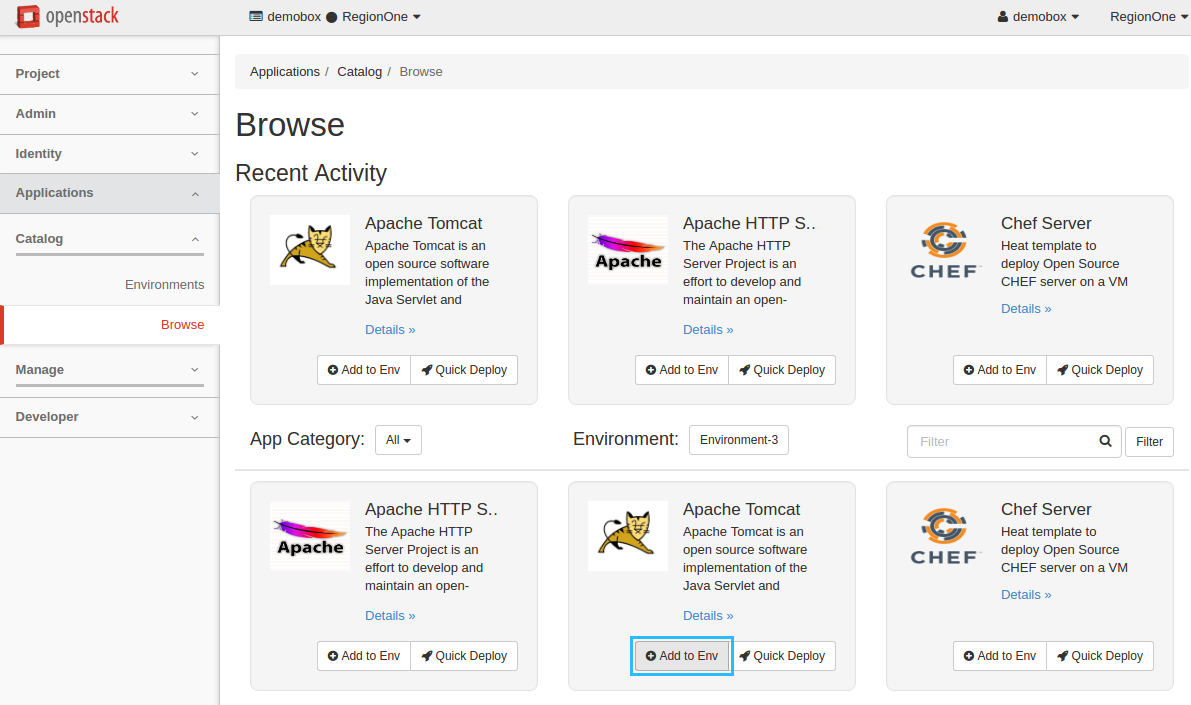 Applications page: Add to Env