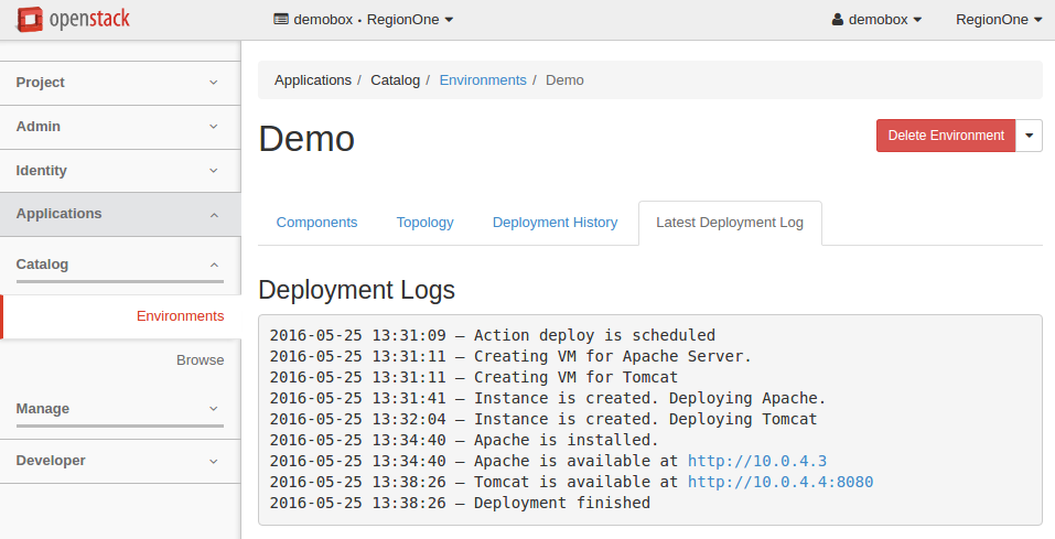 Deployment Logs page