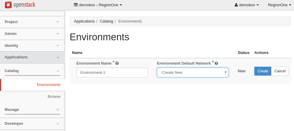 Create an environment: Environment Default Network