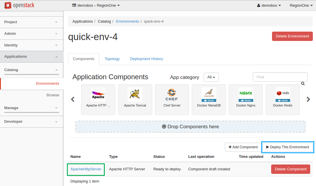 Environment "quick-env-1" page