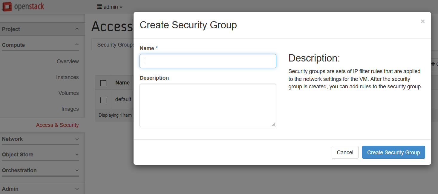 Screenshot: Create security group